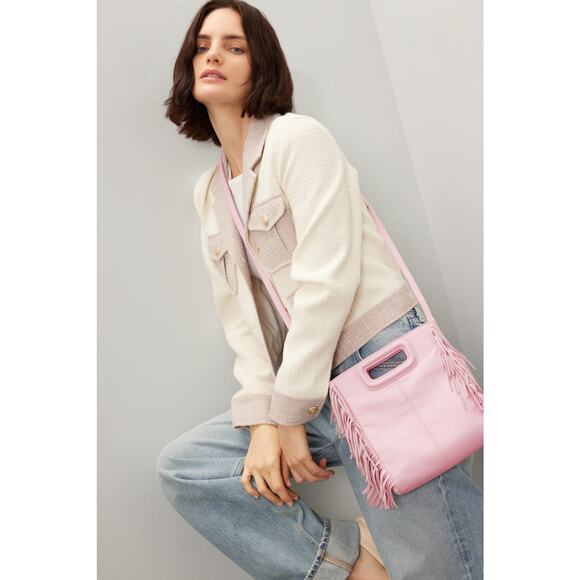 MAJE Light Pink Smooth Leather Tassel Trimmed Magnetic Closure Clutch Bag Purse - Picture 1 of 16